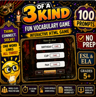 Cover of Three of a Kind Fun Interactive Vocabulary Game Back to School & End of Year ESL