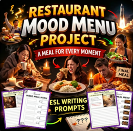 Cover of Design Food Menu Restaurant Project Writing Prompts | End of Year Activities ESL