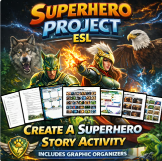 Cover of Design Superhero Project | Create Superhero Story Activity Creative Writing ESL