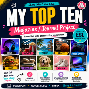 Cover of Top Ten Favorites Project | ESL End of Year | Summer | No Prep Writing Prompts