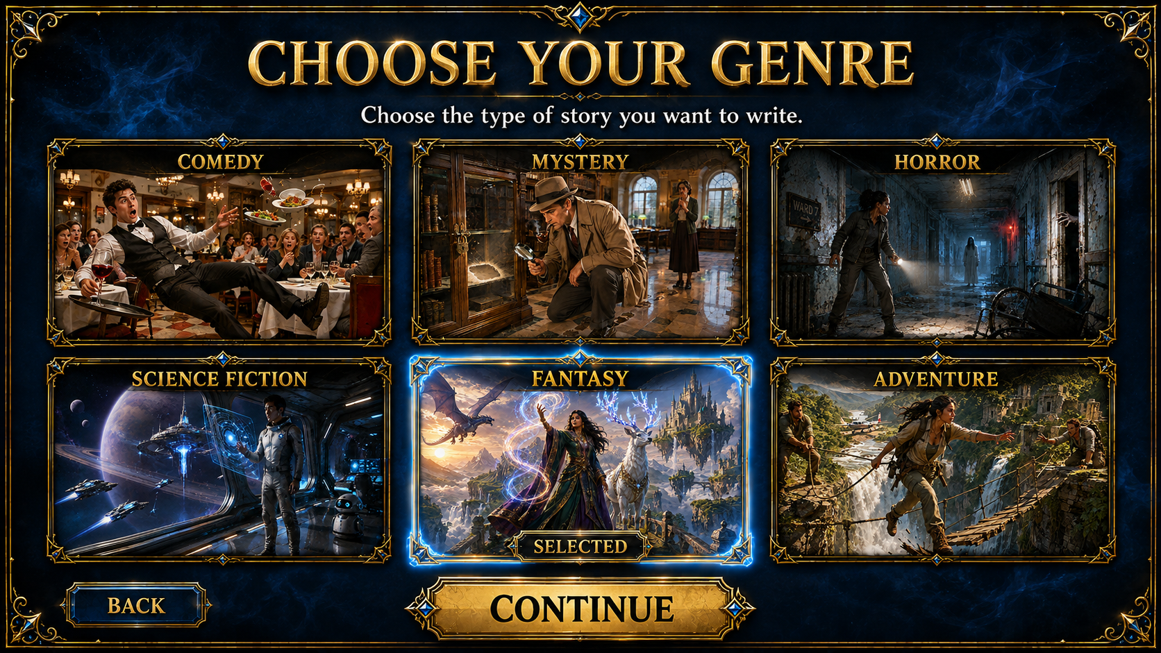 The ten genre choices in Gamified Story Builder