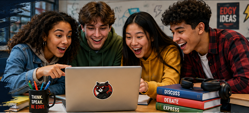Four students using an interactive English activity together on a laptop