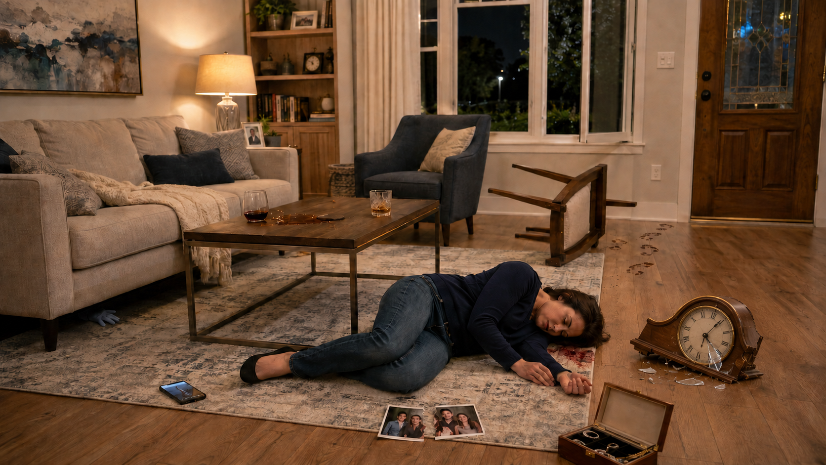 An unconscious adult in a disturbed living room