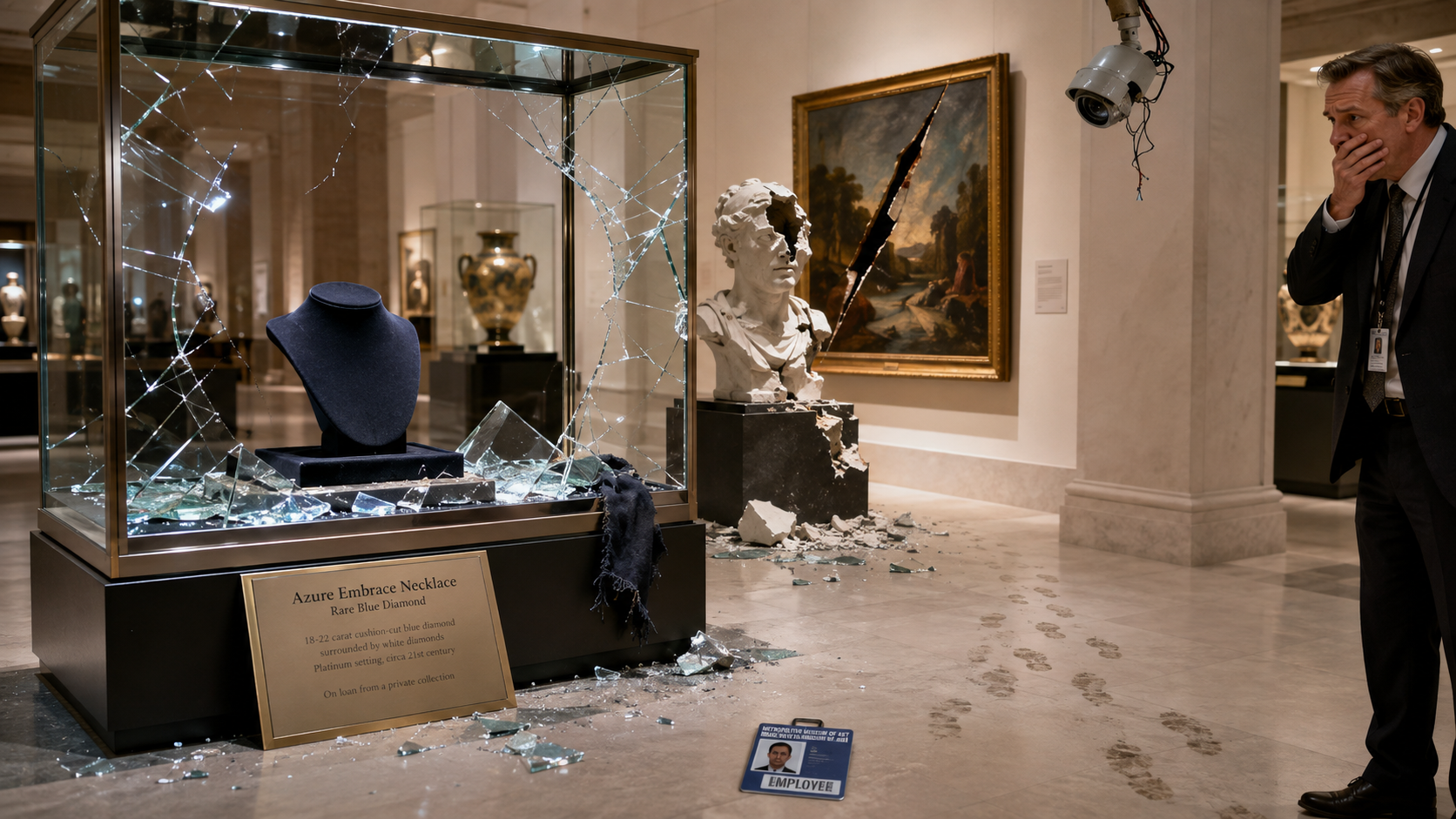 A horrified museum employee discovering vandalism and a stolen necklace