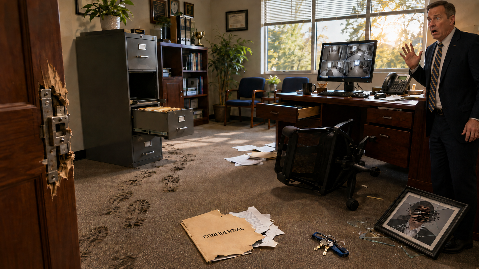 A shocked principal discovering a break-in at his office