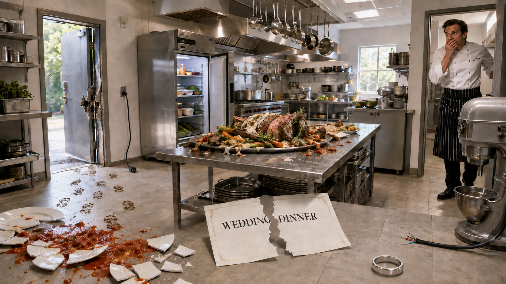 A shocked chef discovering a sabotaged restaurant kitchen