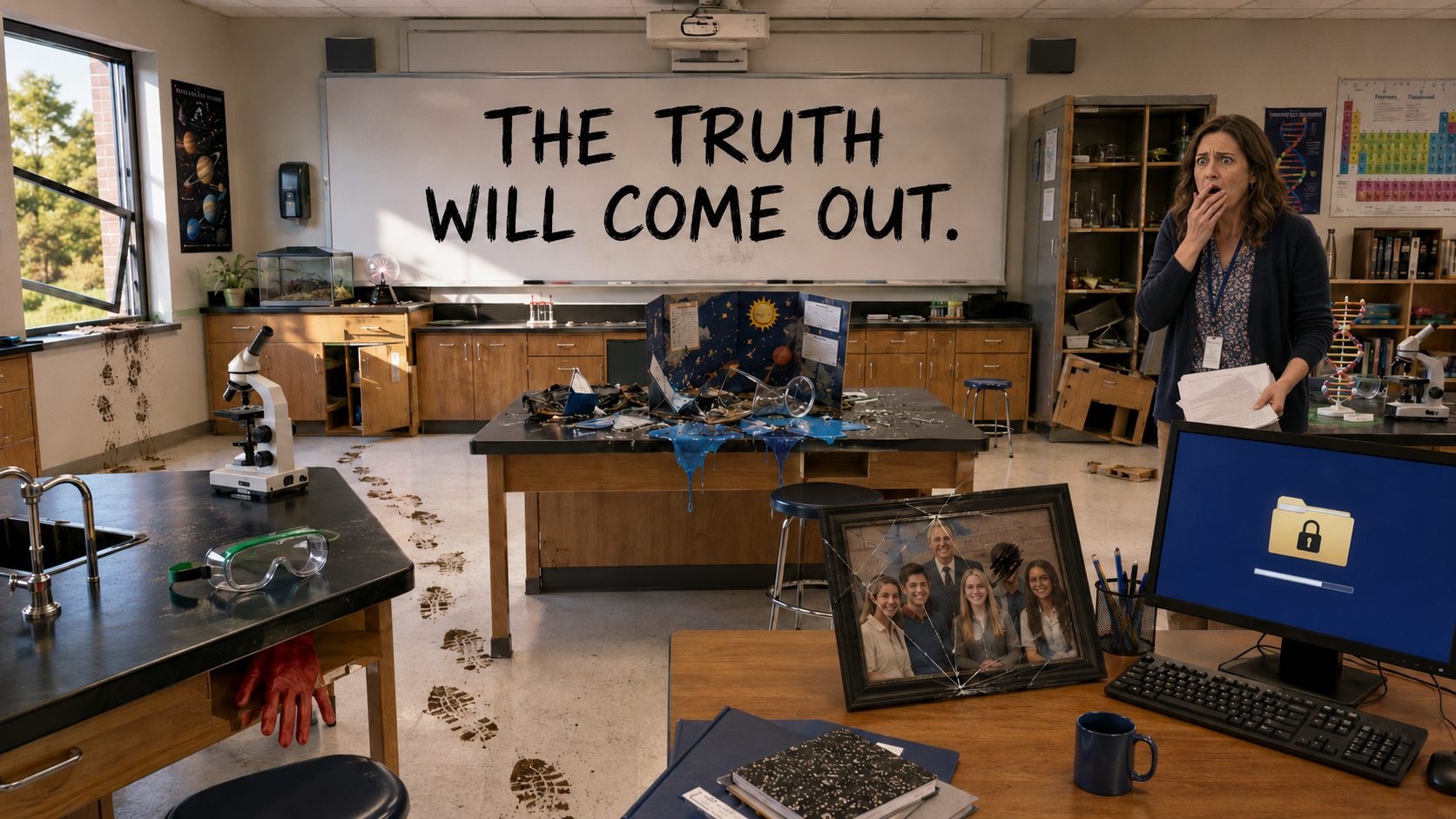 A shocked teacher discovering a vandalized science classroom